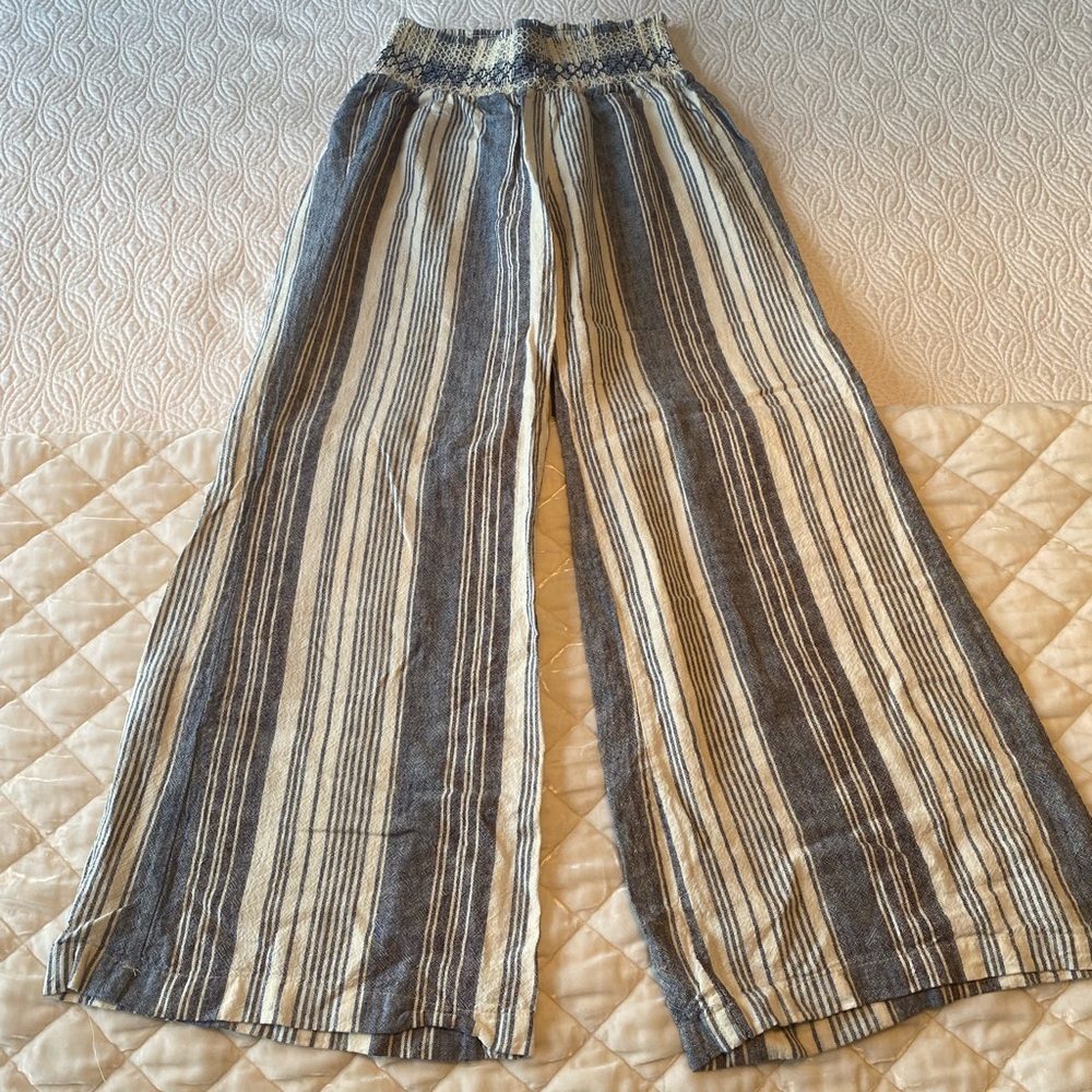 Linen Style Blue and Off-White Striped Coverup Pants